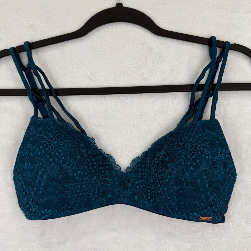 PINK Victoria's Secret Date Wireless Lightly Lined Lace Bra Teal Blue Small
